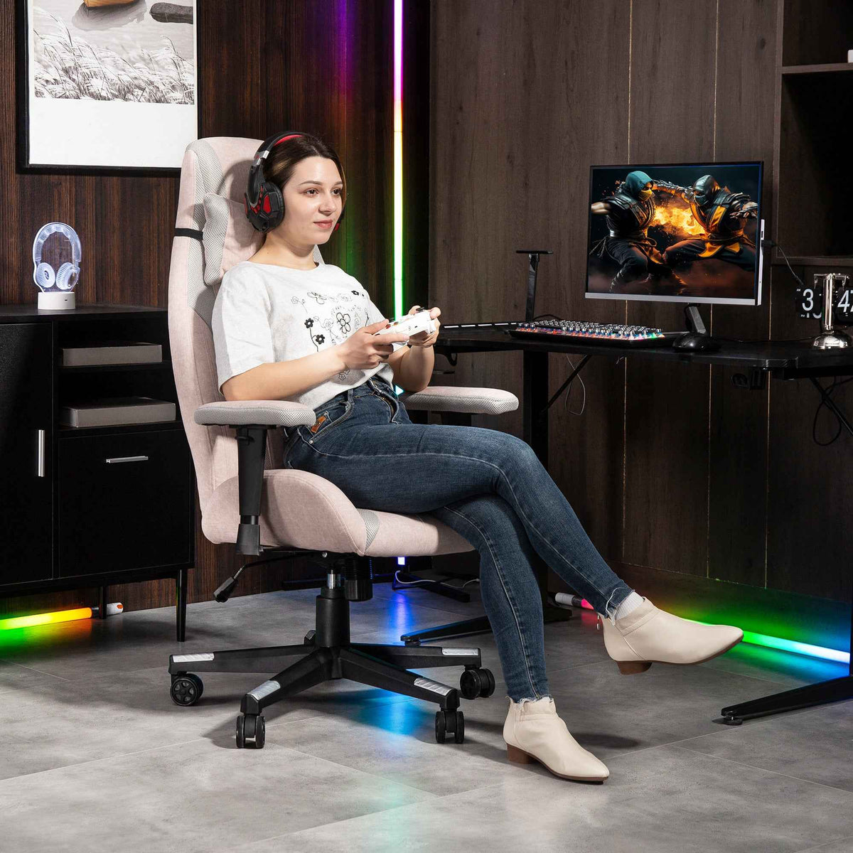 Fabric Gaming Chair With Lumbar Support, Headrest - Pale Pink
