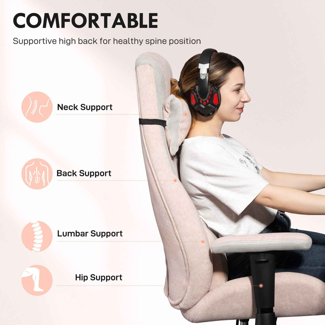 Fabric Gaming Chair With Lumbar Support, Headrest - Pale Pink
