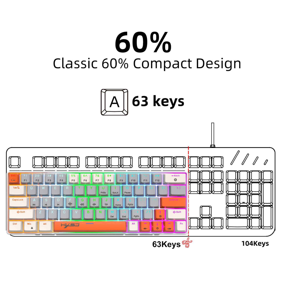 RGB Backlit Compact Mini Gaming Keyboard - 63-Key Mechanical Keyboard