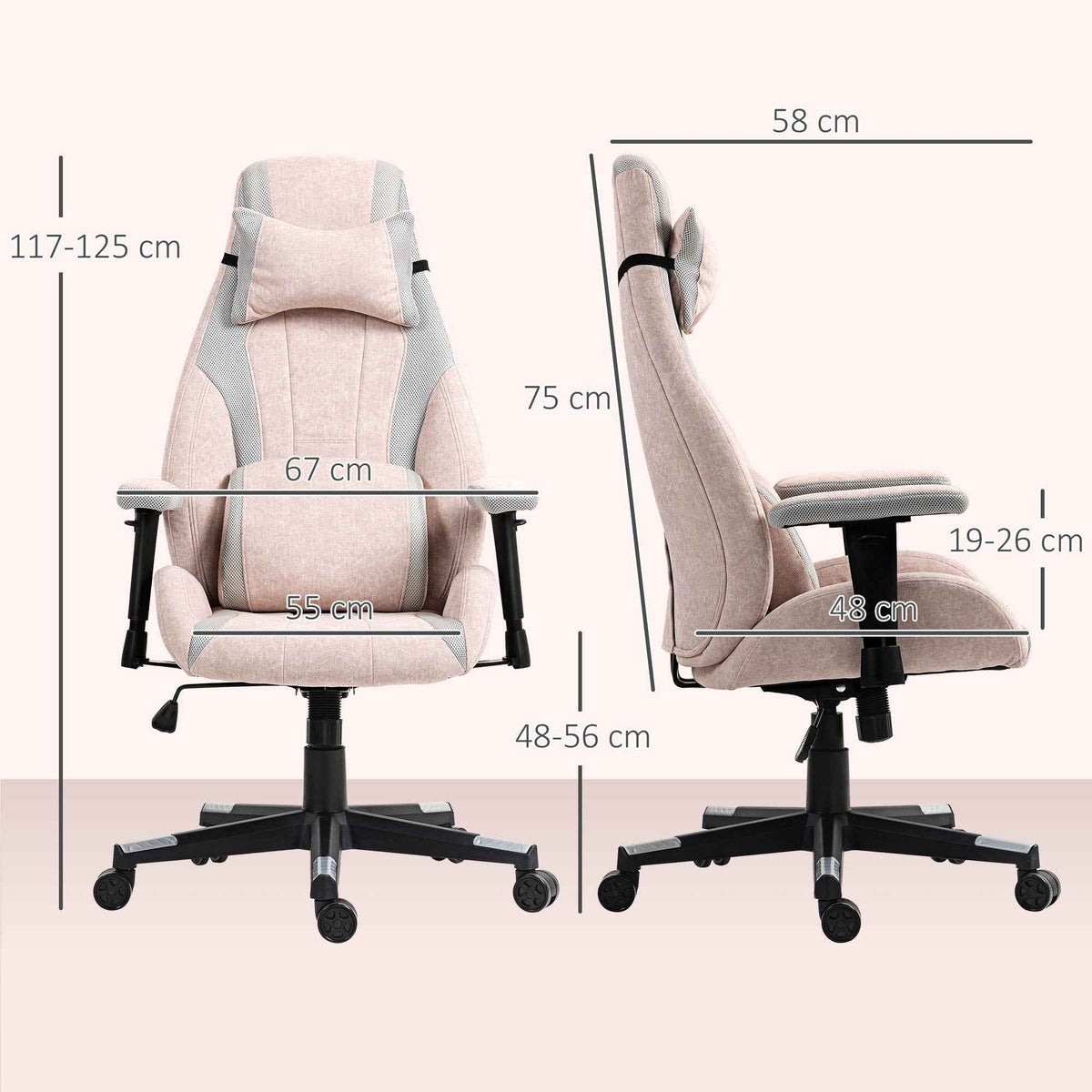 Fabric Gaming Chair With Lumbar Support, Headrest - Pale Pink